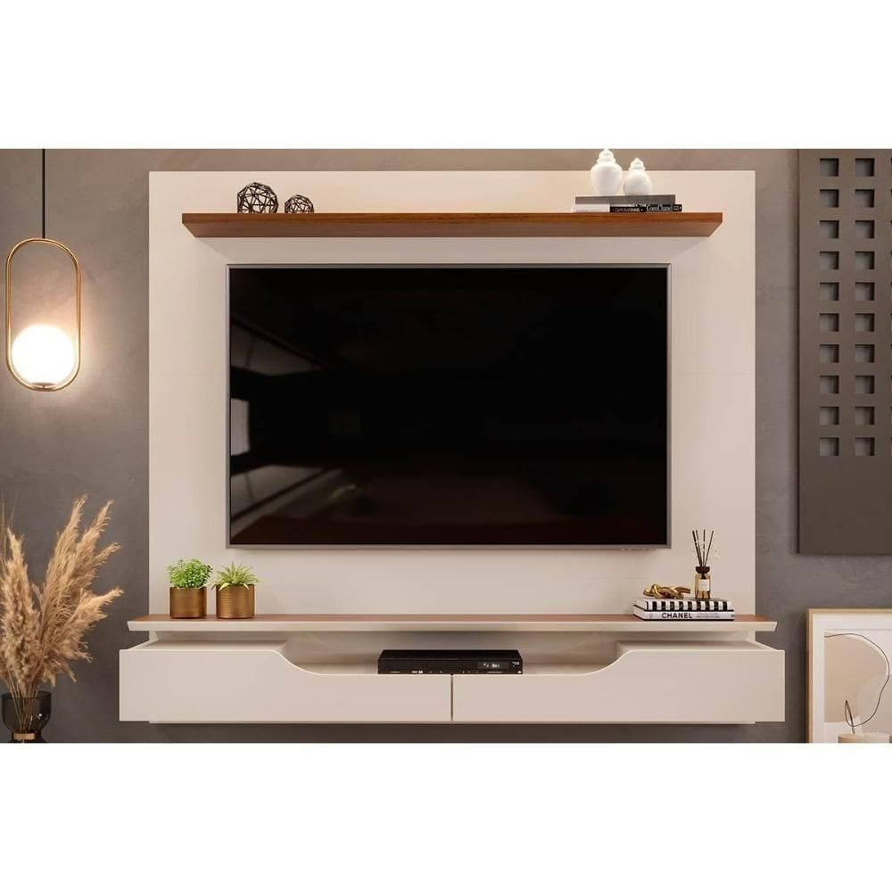 Painel Quarto P- Tv Até 60 Pol Levi C- Prateleiras 160x146cm Off White-freijó - Dj Móveis