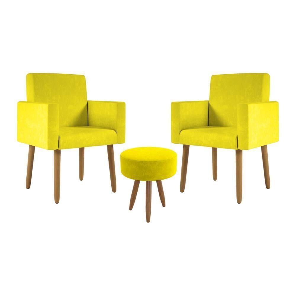 Kit 2 Poltronas Decorativa Consultorio Nina Com Puff Balaqui Cor:amarelo Amarelo