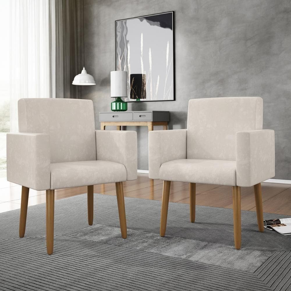Kit 02 Cadeiras Poltronas Decorativas Com Puff Salão Balaqui Decor Bege
