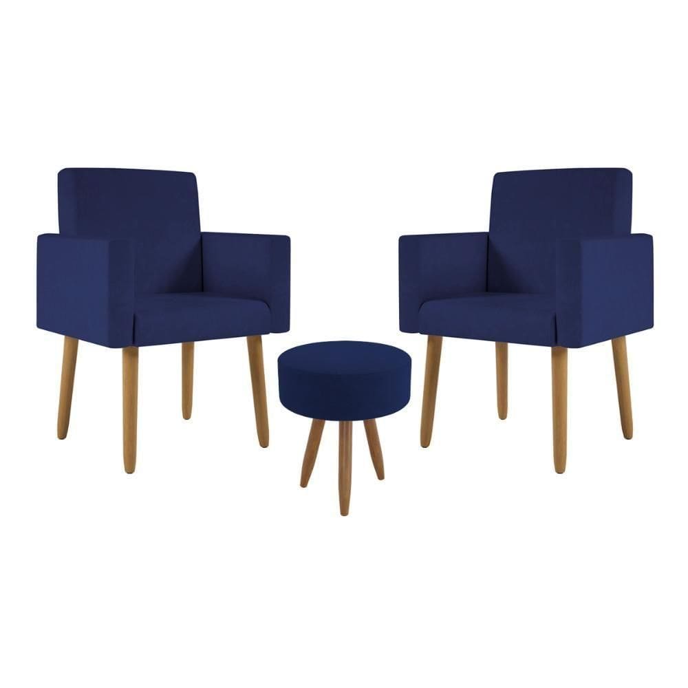 Kit 2 Poltronas Decorativa Consultorio Nina Com Puff Balaqui Cor:azul Marinho Azul Marinho