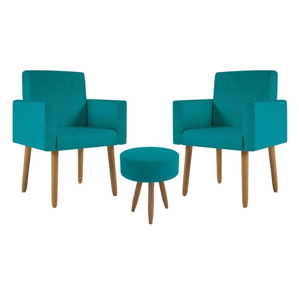 Kit 2 Poltronas Decorativa Consultorio Nina Com Puff Balaqui Cor:azul Turquesa Azul Turquesa
