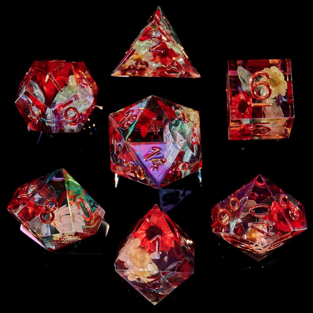 Conjunto de dados FugaCity DND Flower D&D feito à mão com acessórios
