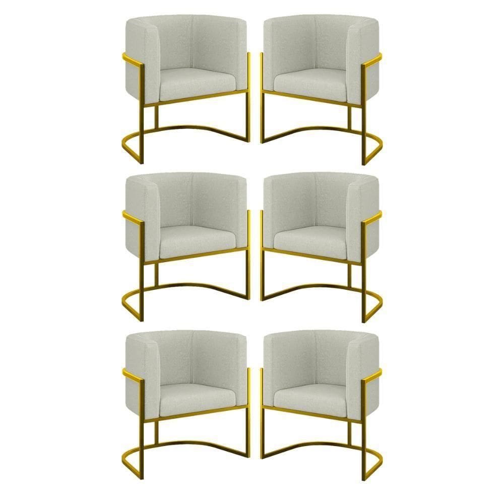 Kit 06 Poltronas Lua Sala Decorativa Base Ferro Gold Bouclê Bege