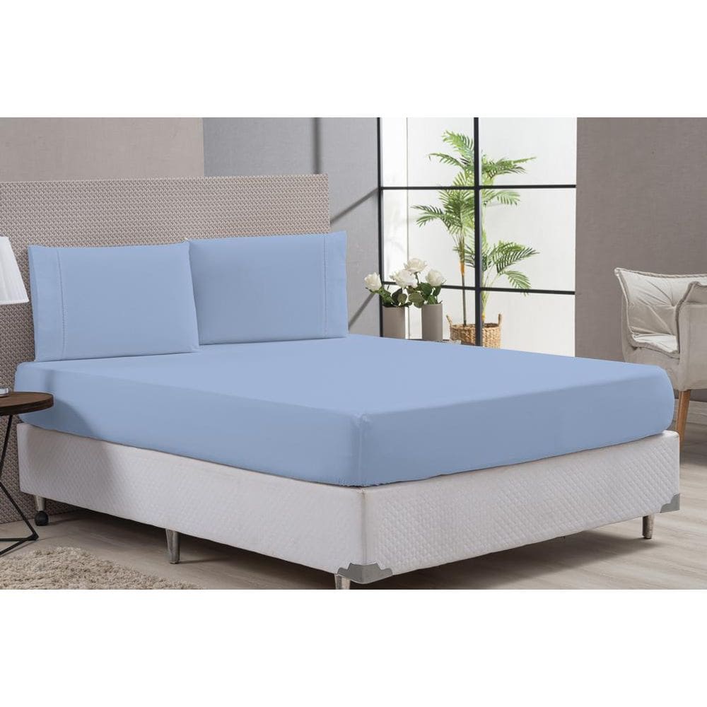 Lençol Macio Elástico Percal Azul Casal King 3 Peças