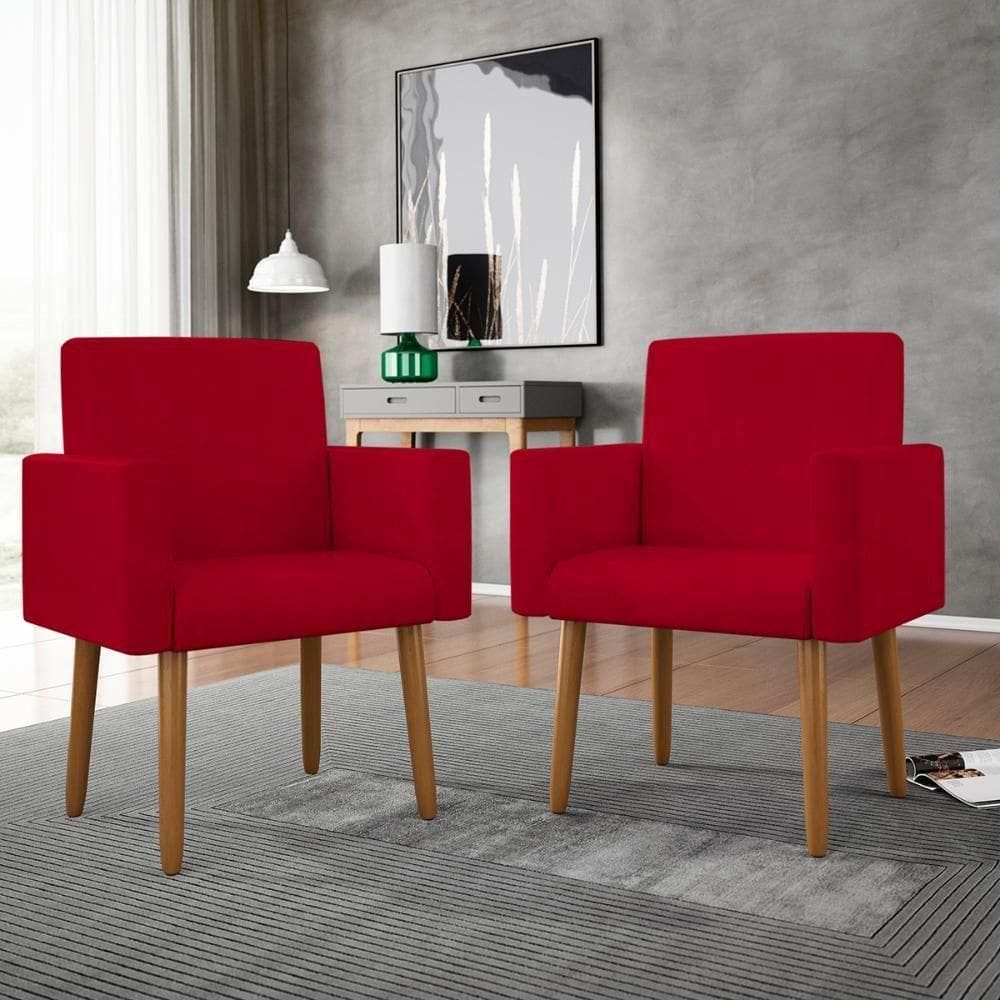 Kit 02 Cadeiras Poltronas Decorativas Com Puff Salão Balaqui Decor Vermelho