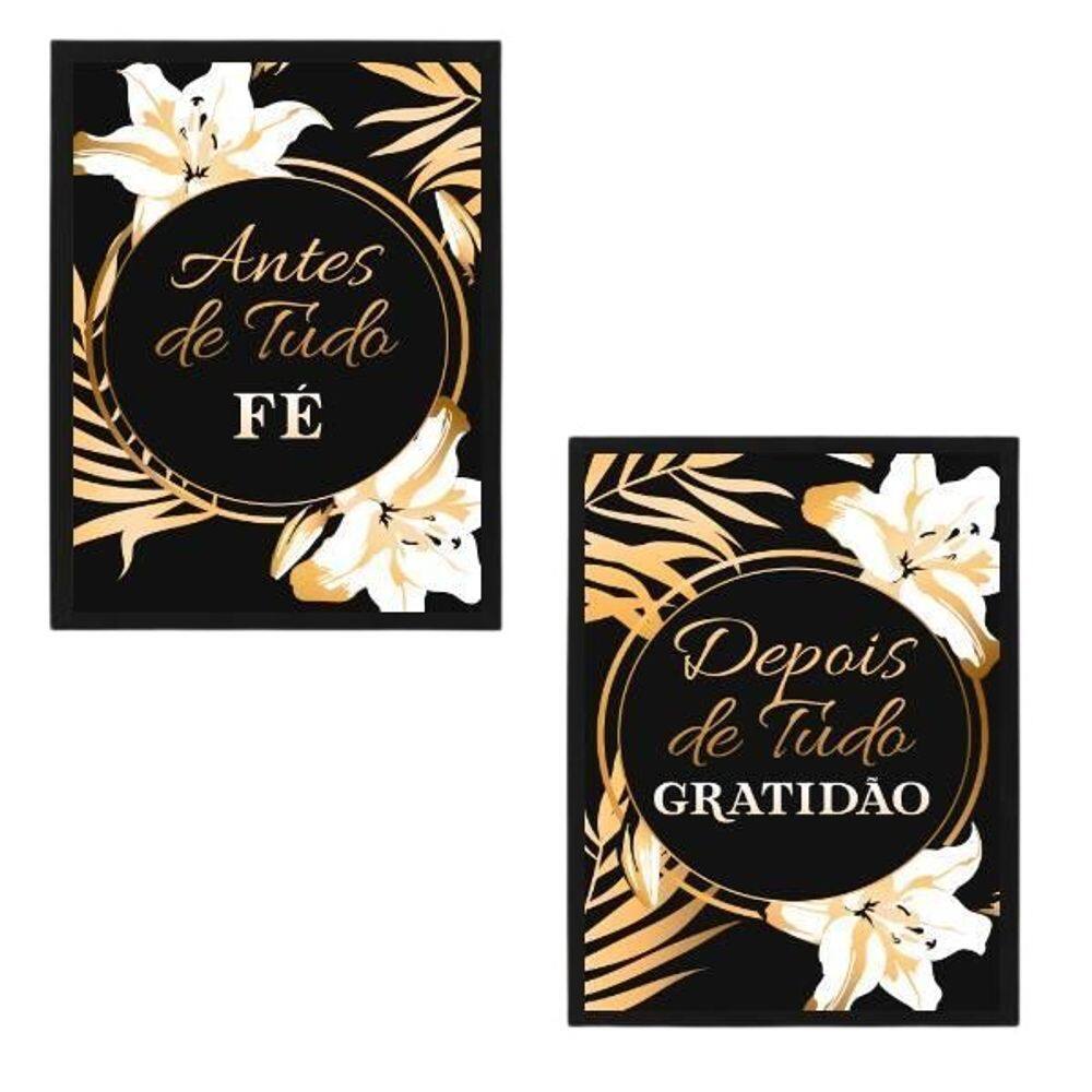 Quadro Decorativo Fé Gratidão Preto/Dourado 24X18Cm 2 Peças
