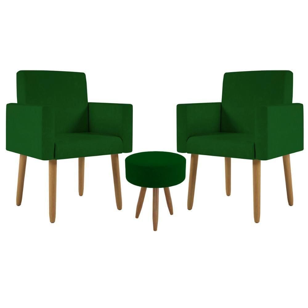 Kit 2 Poltronas Decorativa Sala Nina Com Puff Balaqui Decor Verde
