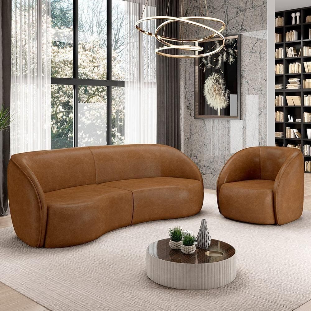 Kit Sofá 4 Lugares Eron 288cm Com Poltrona Giratória Angelina M03 Couríssimo Whisky - Lyam