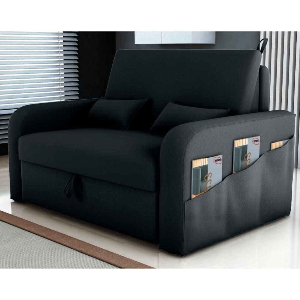 Sofá Cama 2 Lugares Com Baú Hiram Veludo Inca Preto