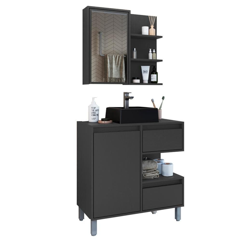 Gabinete 80 Cm Espelheira E Cuba Preta Cj2001 Grafite Faem Grafite