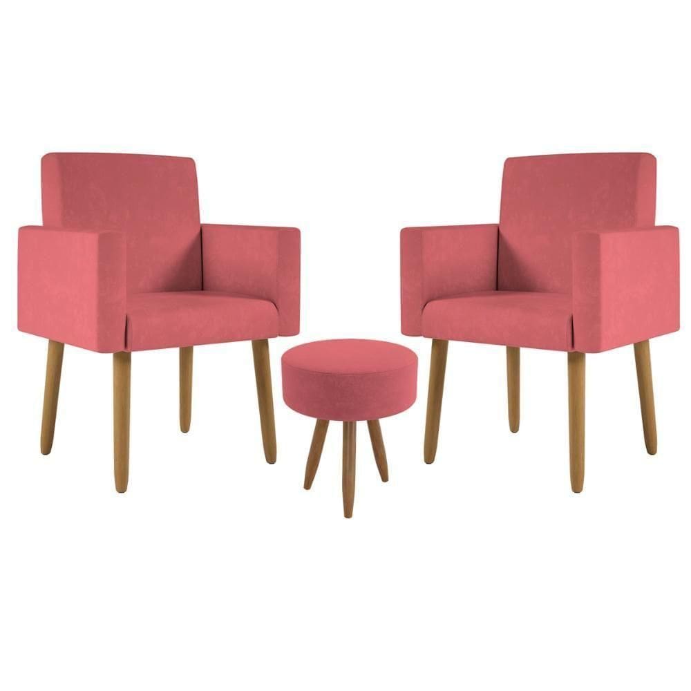 Kit 2 Poltronas Decorativa Sala Nina Com Puff Balaqui Decor Rosa