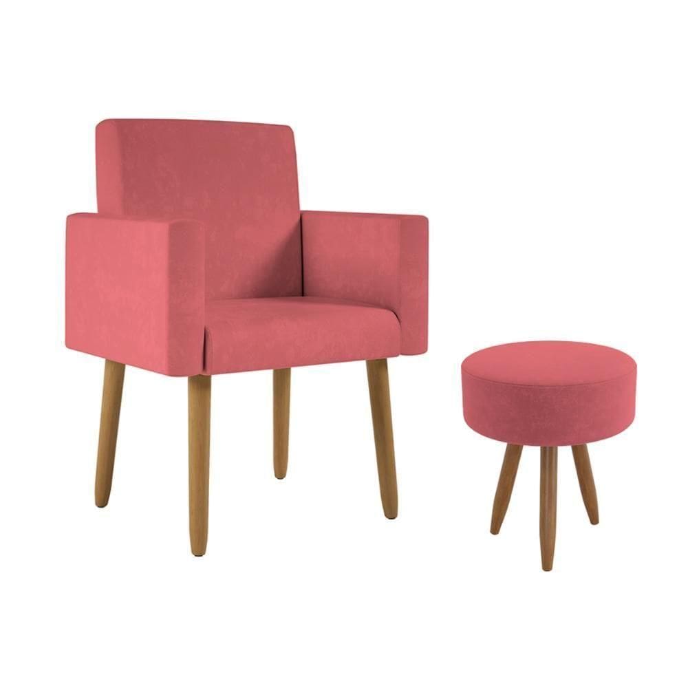 Poltrona Decorativa Cadeira Recepção Com Puff Balaqui Decor Rosa