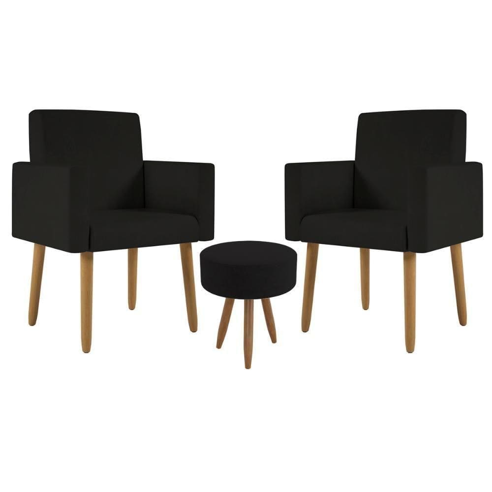 Kit 2 Poltronas Decorativa Consultorio Nina Com Puff Balaqui Cor:preto Preto