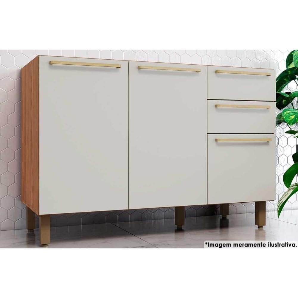 Módulos De Cozinha Requinte Balcão Requinte Com 3 Portas E 2 Gavetas Sem Tampo 120cm Nature Areia2 Aéreos + 1 Balcão + 1 Complemento