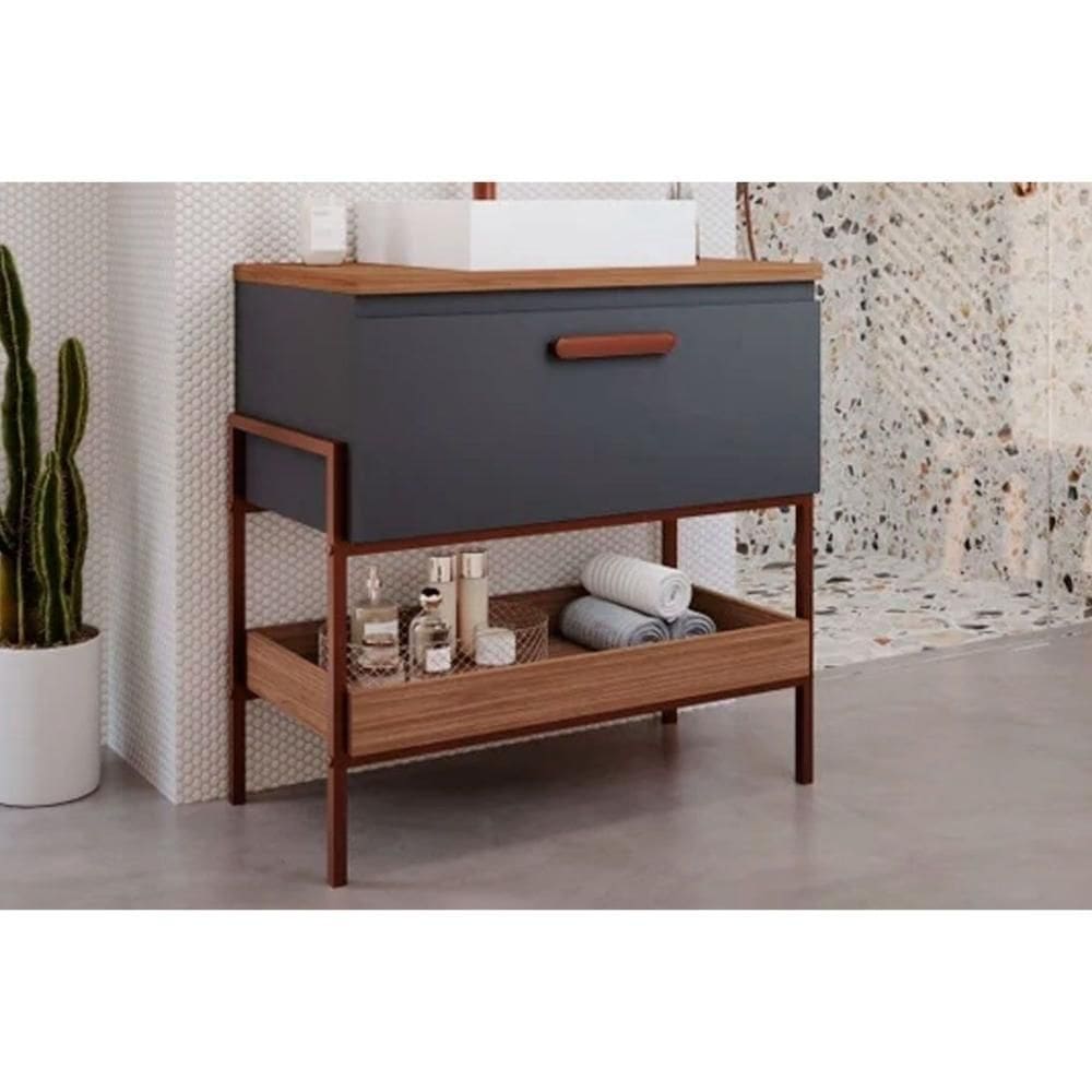 Balcão P- Banheiro Portinari 1 Porta C- Cuba 80cm Titanium-freijo - Mgm