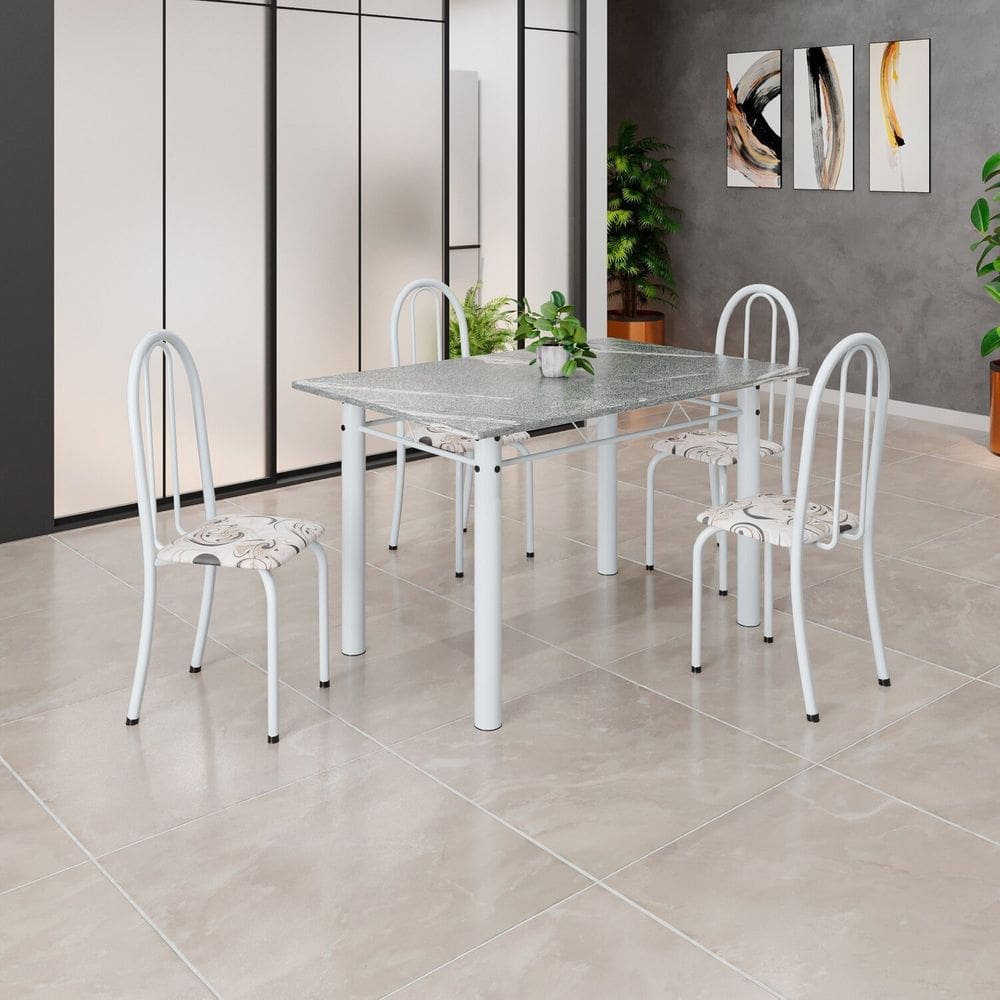 Conjunto de Mesa Tubular 120cm X 75cm Tampo em Granito Topázio com 4 Cadeiras Iris Arabesco/ Branco