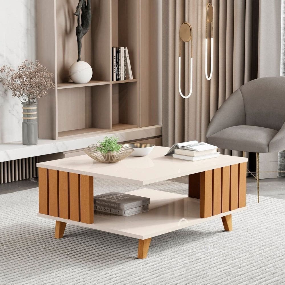 Mesa de Centro Ripada Açaí 33x70x60 Cm Off White/Marrom