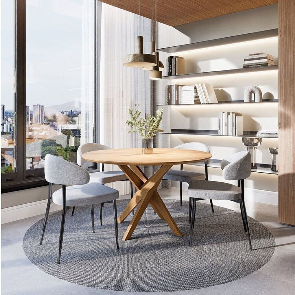 Conjunto Sala de Jantar Mesa Lisboa Madeira Maciça com 4 Cadeiras Bless Marrom/Cinza