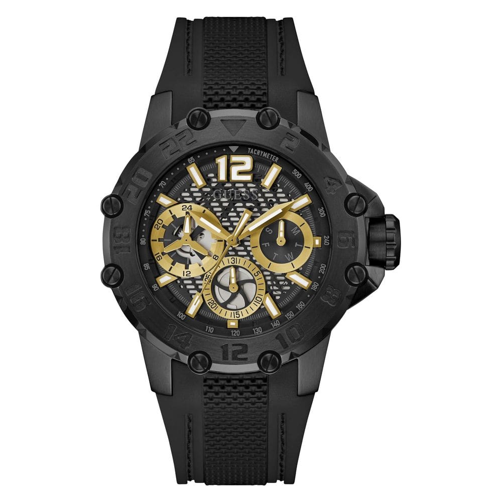 Relógio GUESS para homens, estojo de 46 mm, mostrador preto com pulseira de silicone preta