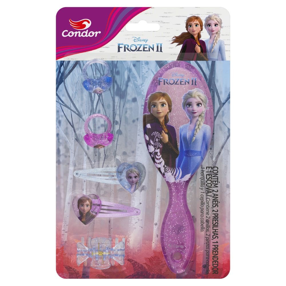 Kit Escova + Prendedor + 2 Presilhas + 2 Anéis Frozen Ii Condor