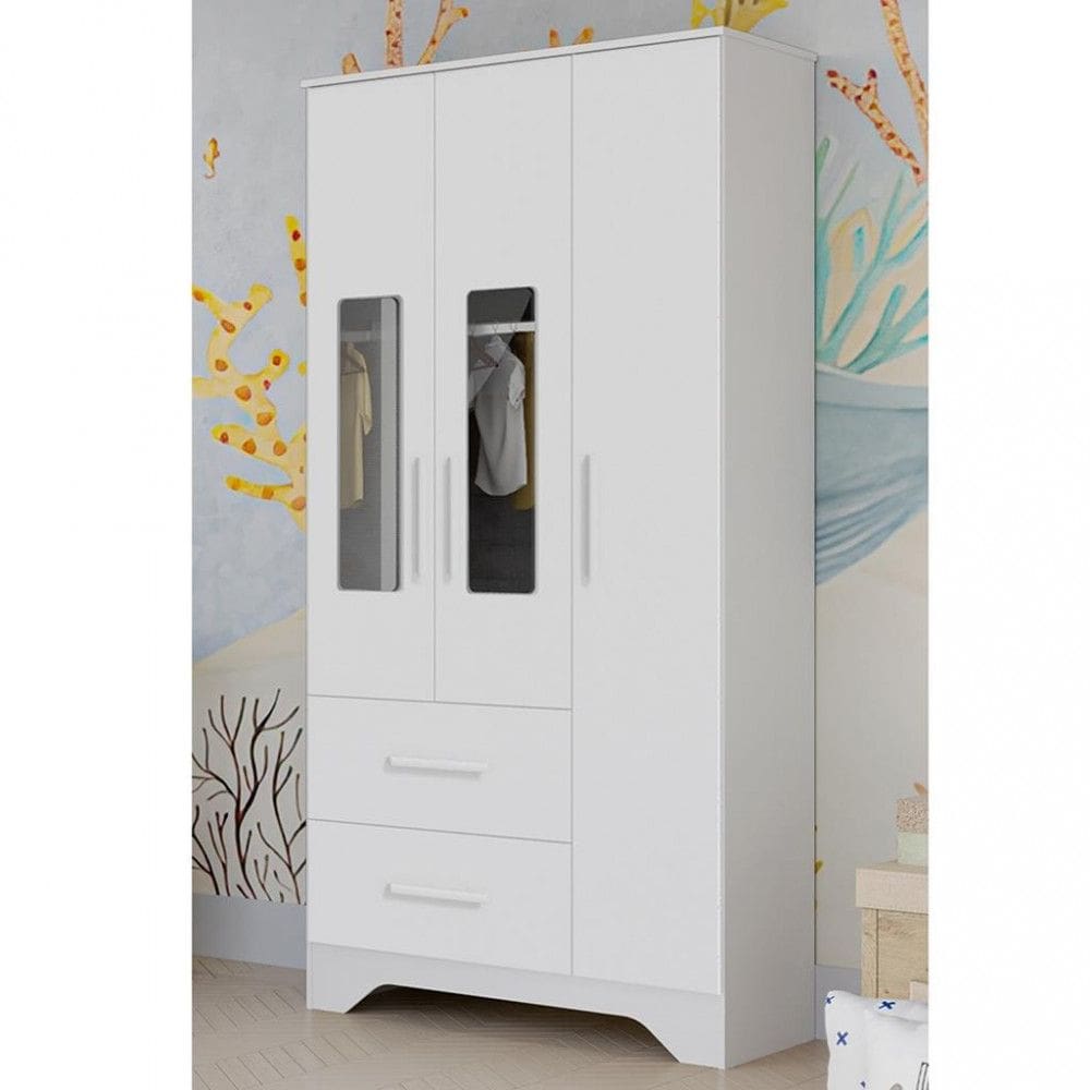 Guarda Roupa Infantil Com Janela 3 Portas 2 Gavetas Popy Retro Peroba