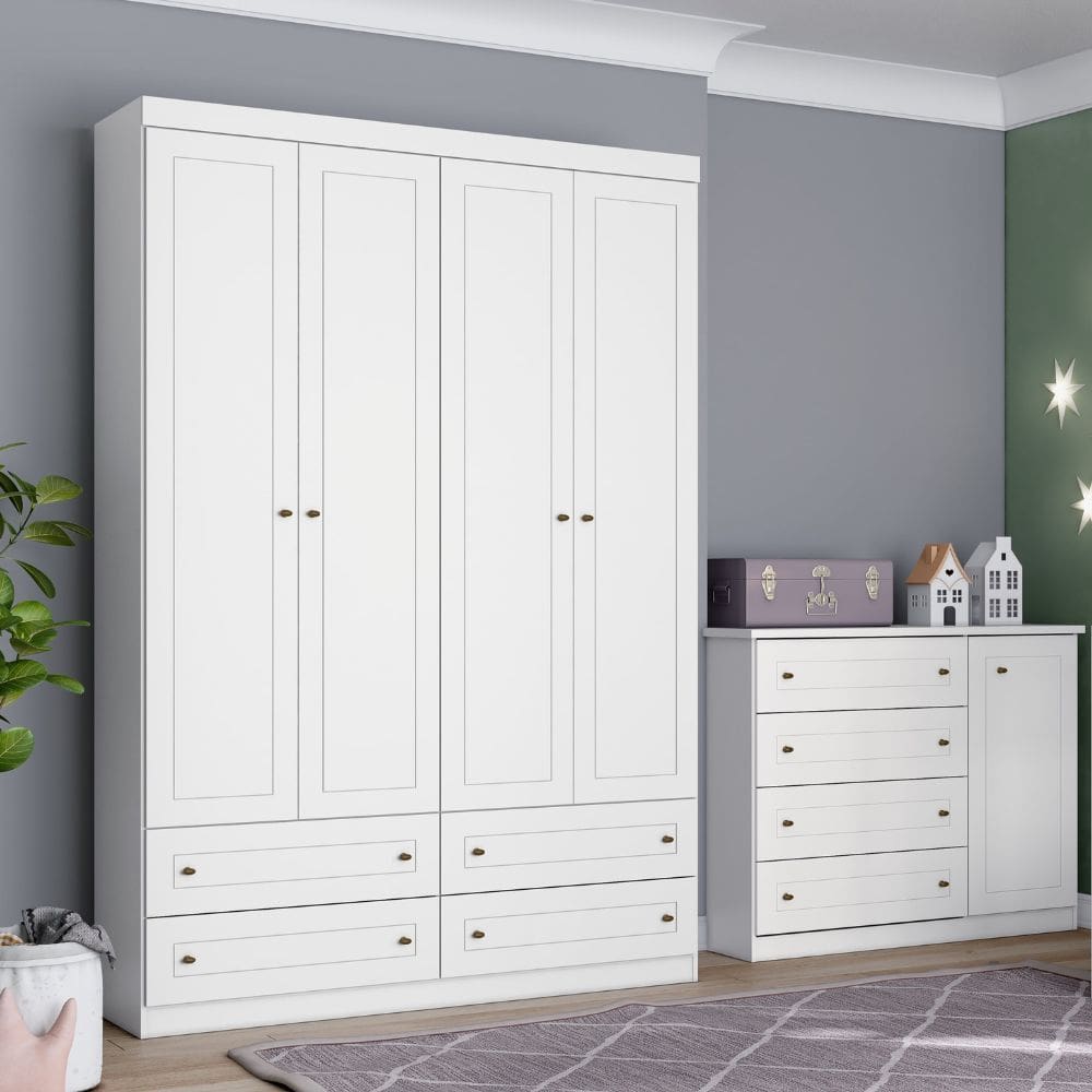 Quarto de BebÃª Guarda-Roupa 4 Portas 4 Gavetas e CÃ´moda 4 Gavetas 1 Porta Americano Henn