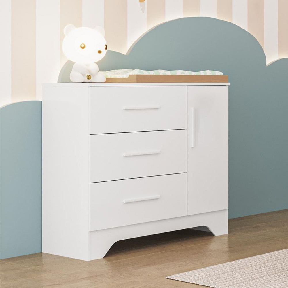 Cômoda Infantil 3 Gavetas 1 Porta 100MDF Popy Retro Peroba