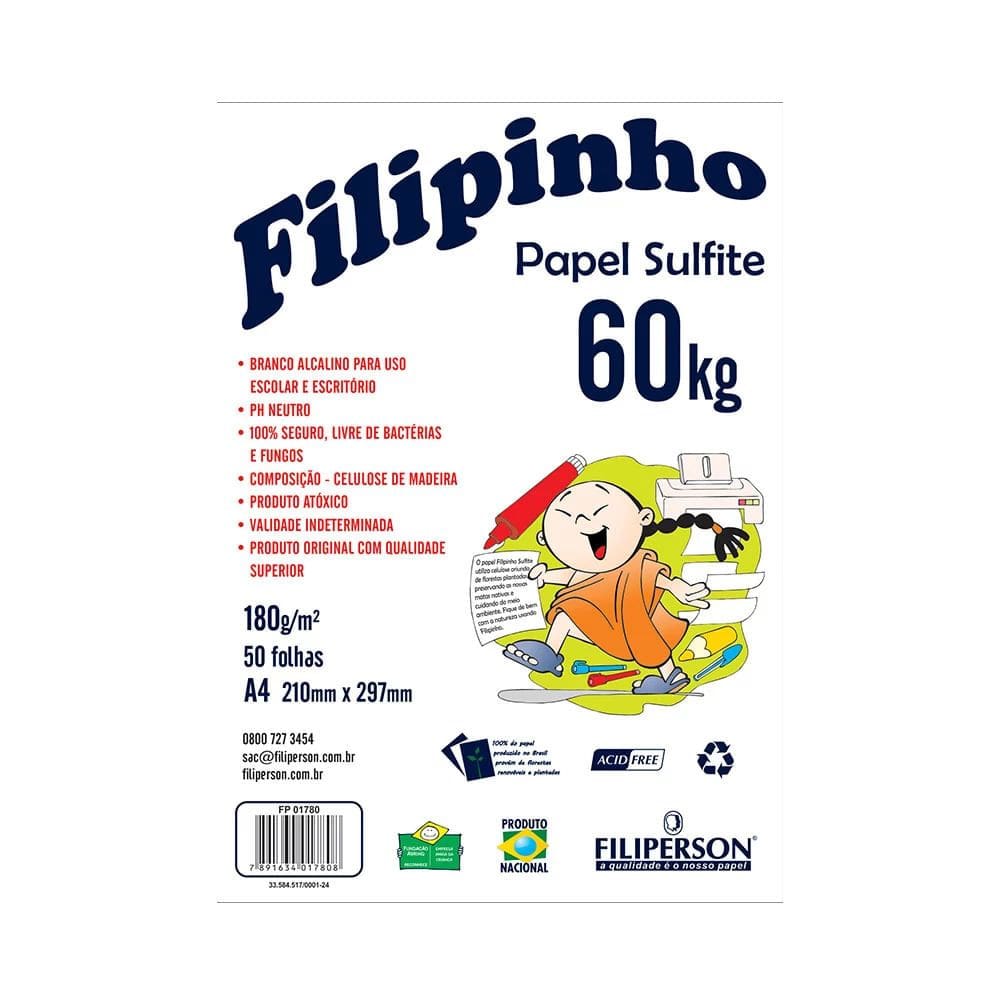 Papel Sulfite Filipinho A4 Branco 180g com 50 Folhas