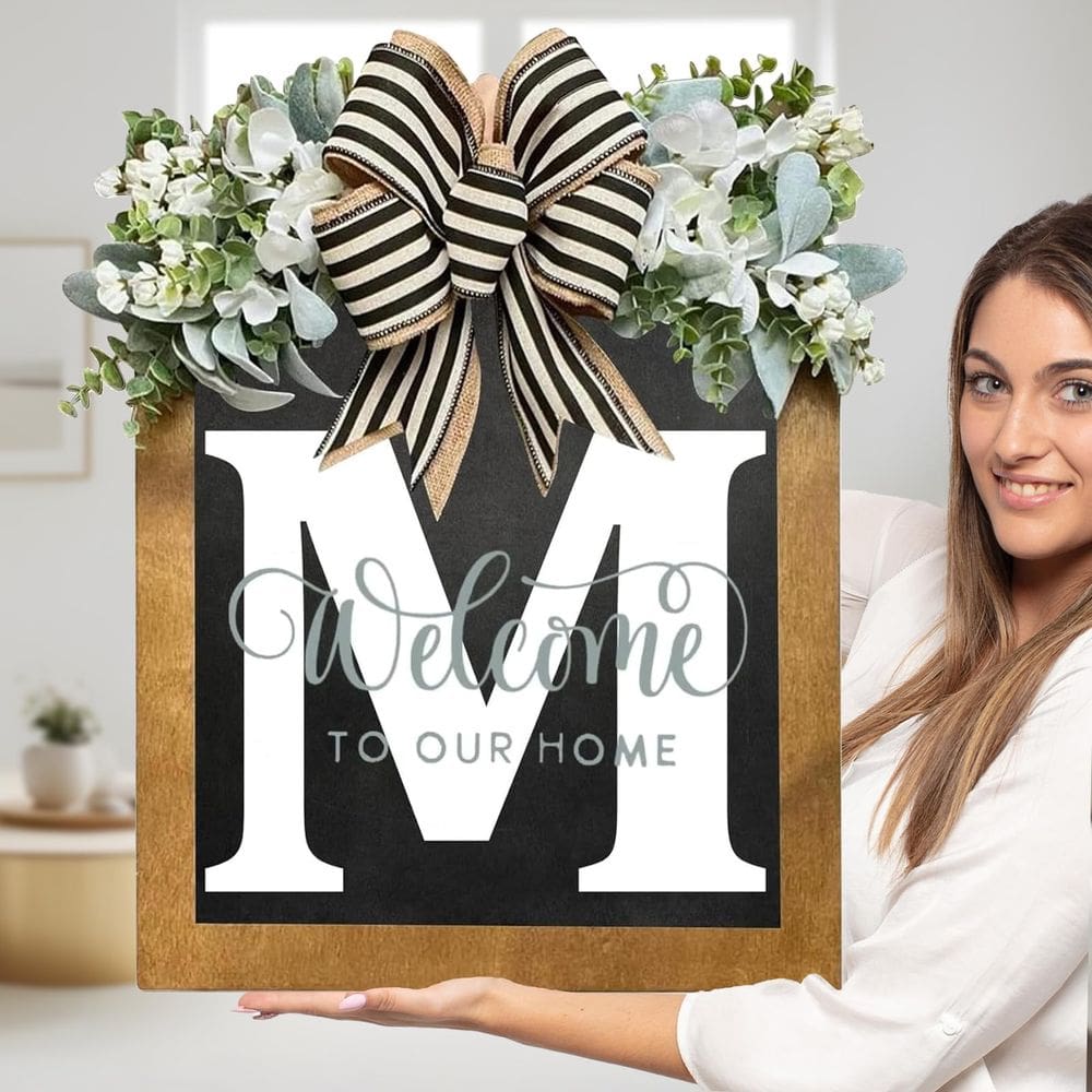 Sobrenome do sinal de boas-vindas para porta frontal 35x30cm com coroas