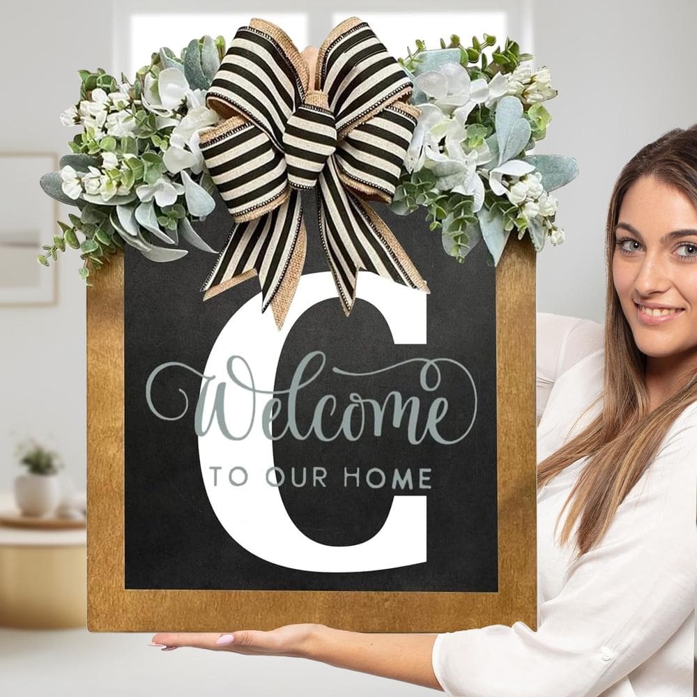 Sobrenome do sinal de boas-vindas para porta frontal 35x30cm com coroas