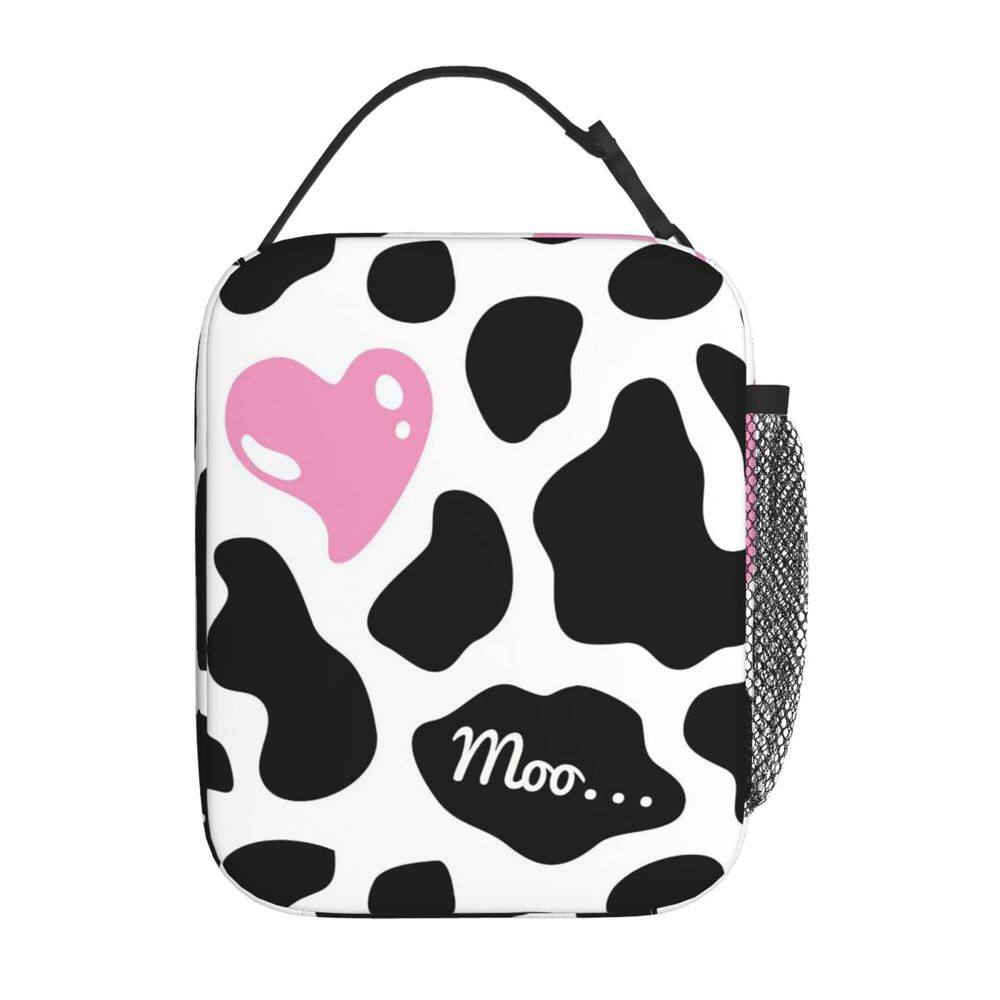 Lancheira YETTA YANG preta e branca com estampa de vaca com coração rosa