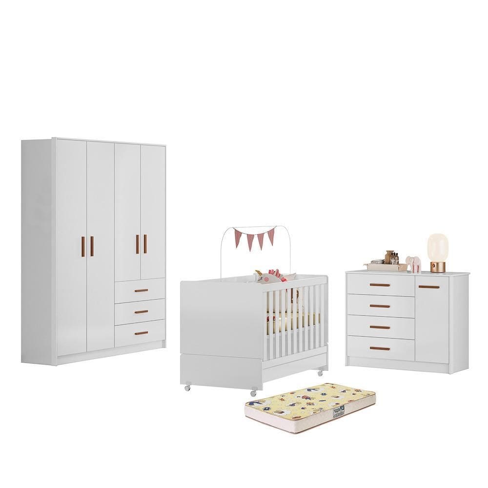 Dormitório Infantil Pérola Guarda Roupa, Cômoda e Berço com Colchão Supreme - Peternella Móveis