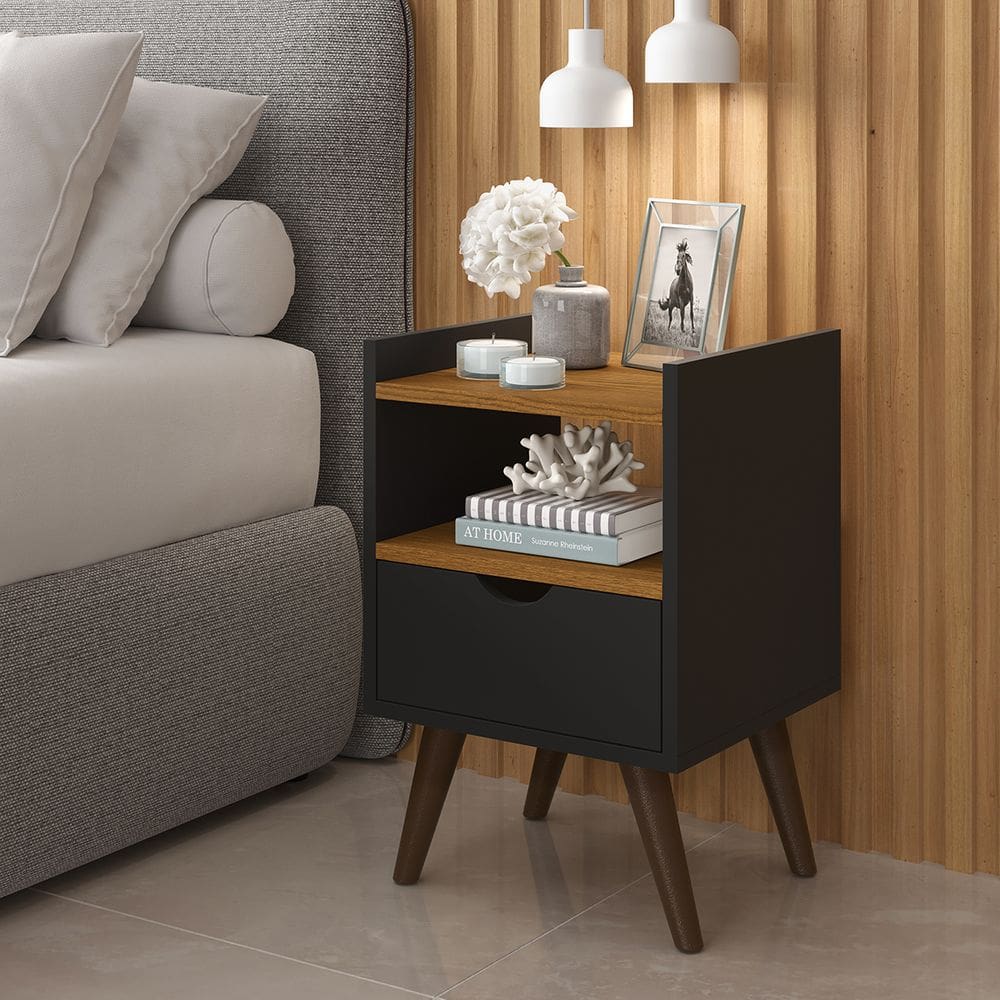 Mesa de Cabeceira Alice Mdf Decoração Quarto Preto Freijó