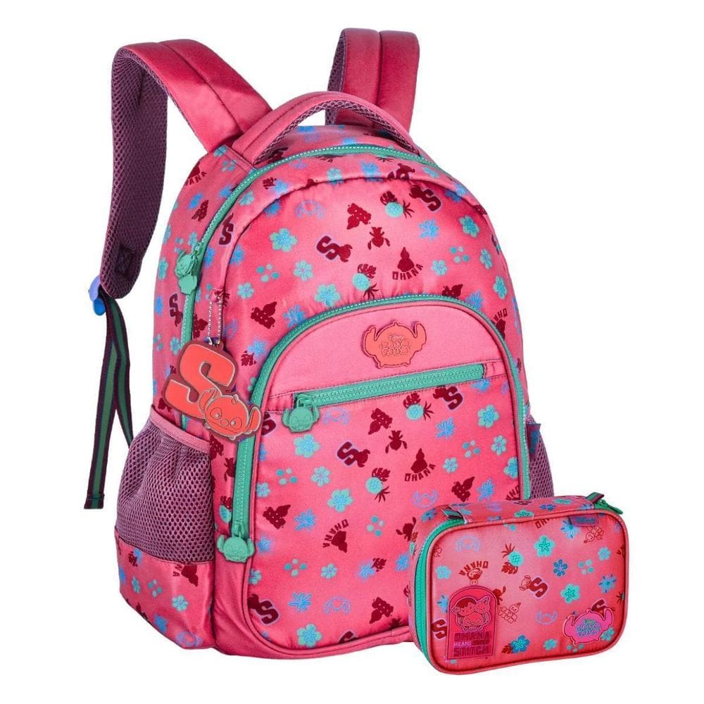 Kit Mochila Costas Tsum Tsum Stitch Juvenil Estojo Box-Rosa
