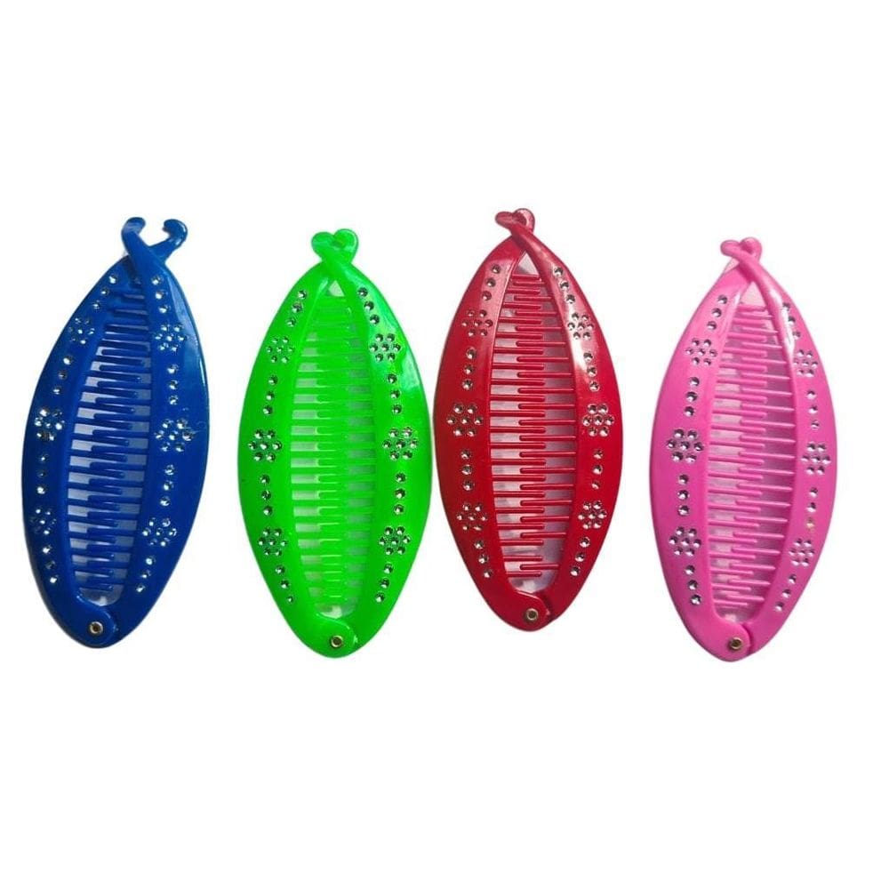 Kit 4 Presilhas Banana Colorida Com Strass Feminina Pente