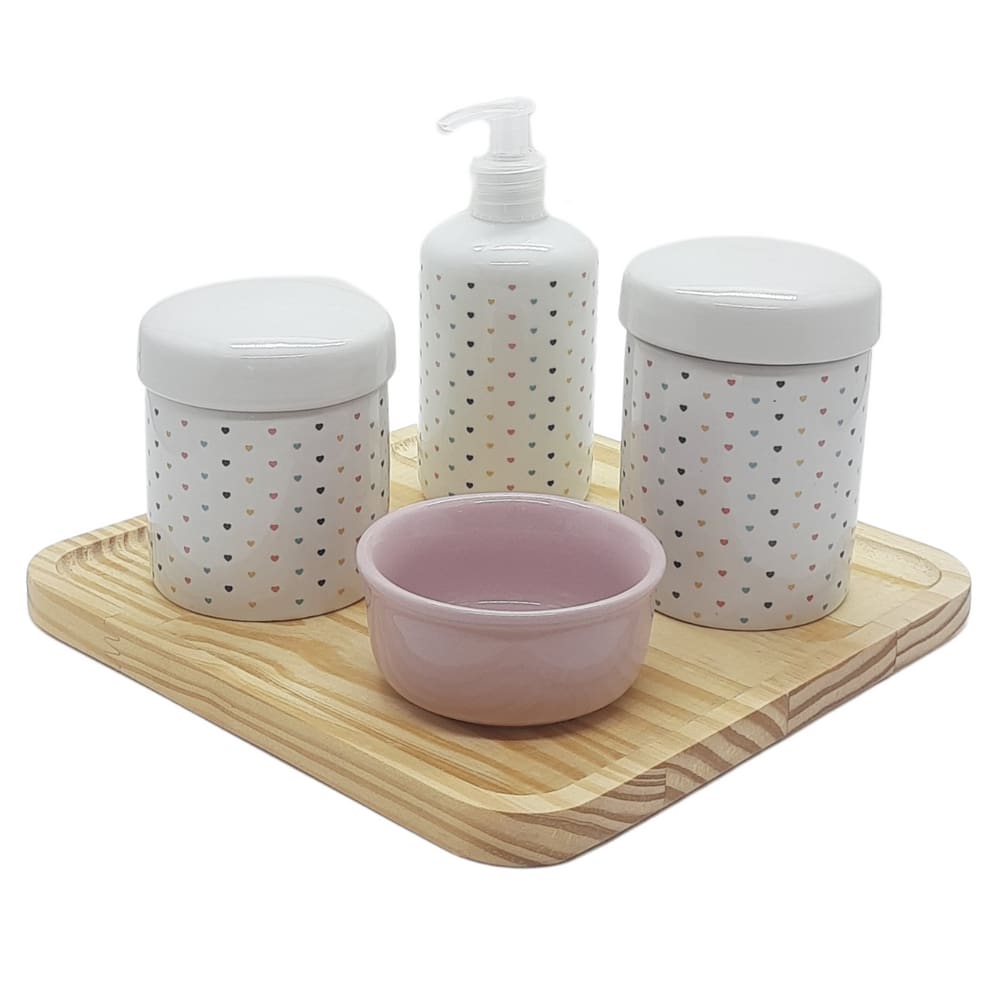 Kit higiene bebê Poá 5 pçs -Molh. Rosa Porcelana e Bdj Pinus