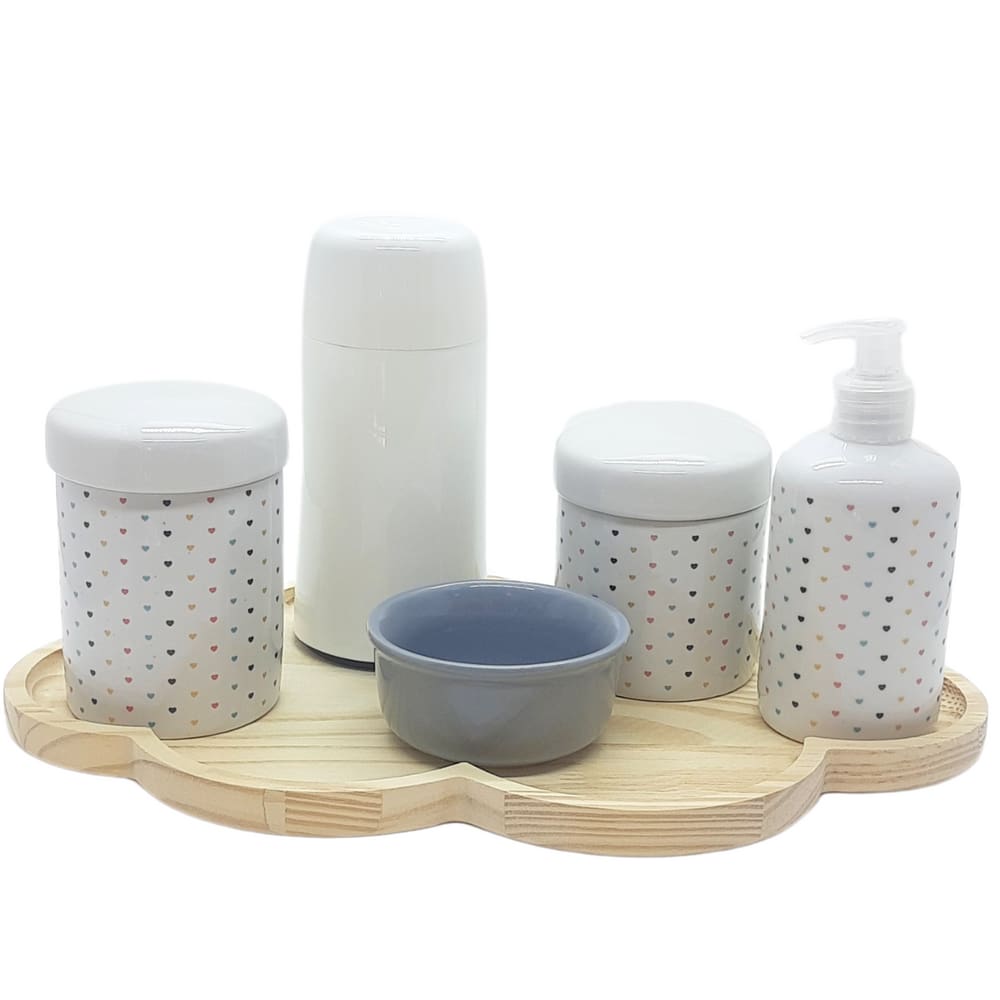 Kit higiene 6 peças Poá colorido Molh. Cinza - Bandeja Nuvem