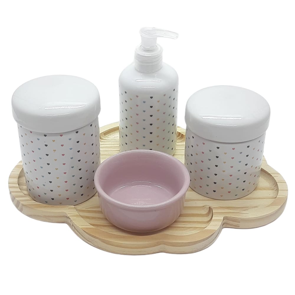Kit higiene 5 peças Poá Colorido - Molh. Rosa -Bandeja Nuvem