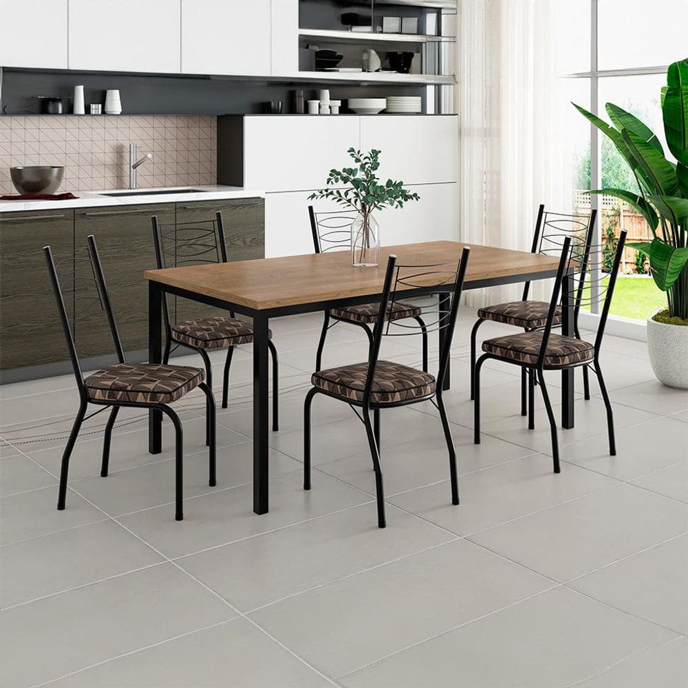 Conjunto de Mesa Retangular com Tampo de MDP Amadeirado e 6 Cadeiras Adriana Revestimento Sintético Palha e Preto