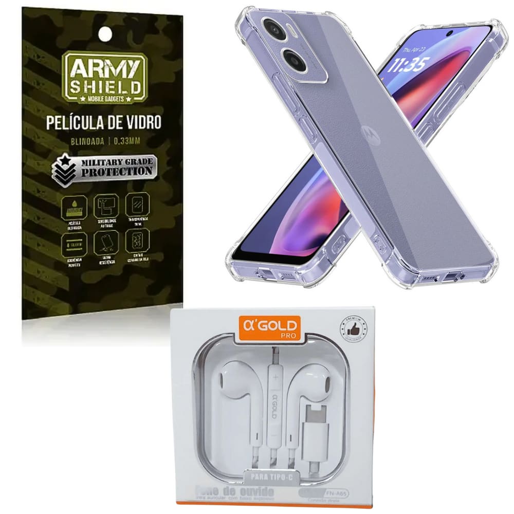 Kit Capinha AntiShock P/ Moto E14 + Fone Tipo-C + Pelicula 3D - Armyshield