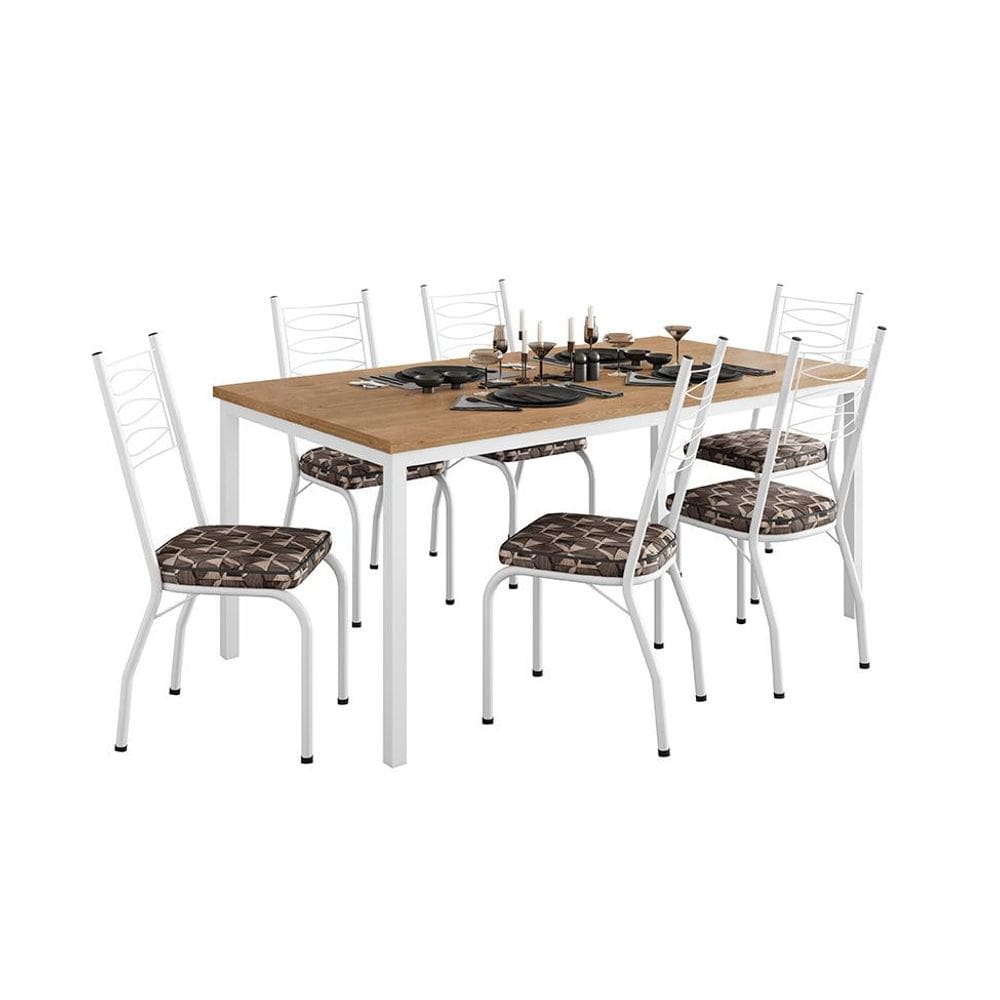 Conjunto de Mesa Retangular com Tampo de MDP Amadeirado e 6 Cadeiras Adriana Revestimento Sintético Palha e Branco
