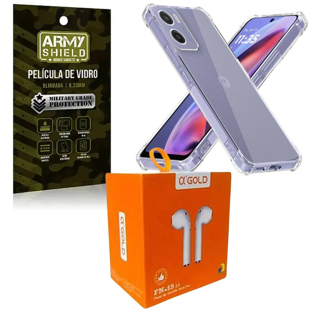 Kit Capinha AntiShock P/ Moto E14 + Fone Bluetooth + Pelicula 3D - ArmyShield