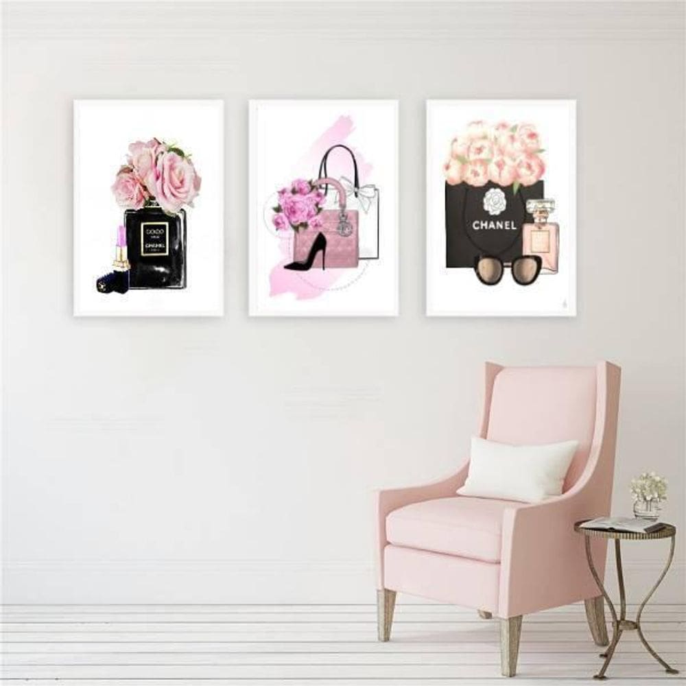 Kit 3 Quadros Bolsa, Sapato E Óculos 45X34 Com Vidro Branca