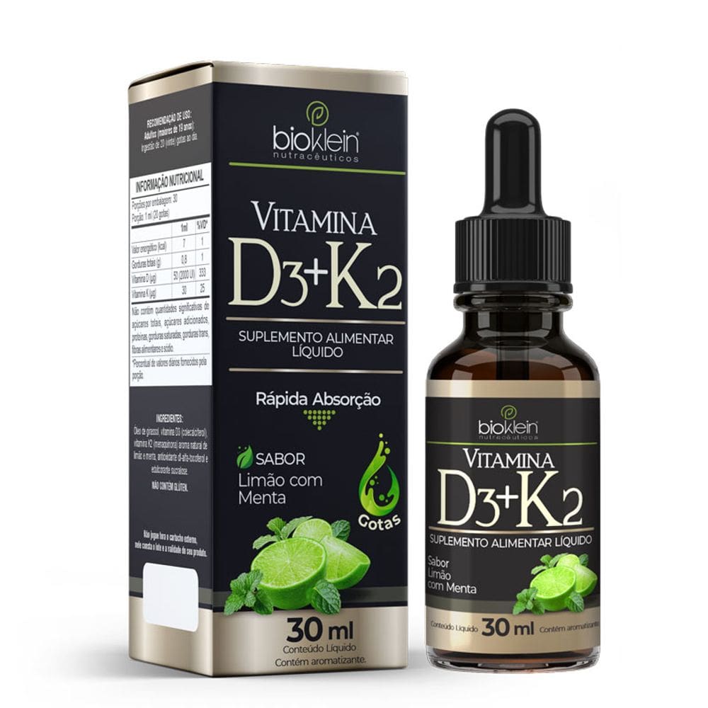 Vitamina D3+K2 Gotas 30ml Sabor Limão com Menta - Bioklein