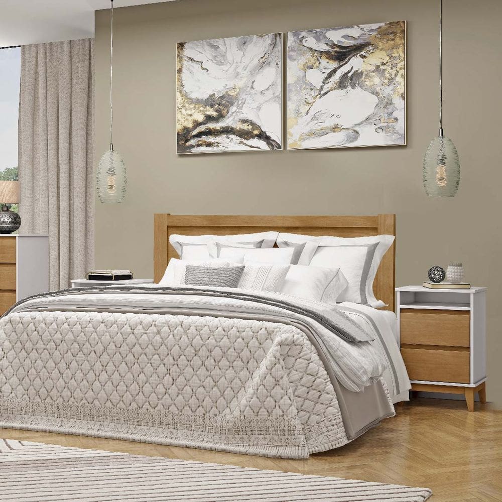 Conjunto Quarto: Cama Casal, 2 Mesas Cabeceiras Prata Off White/Freijó Madeira Pinus - Finestra