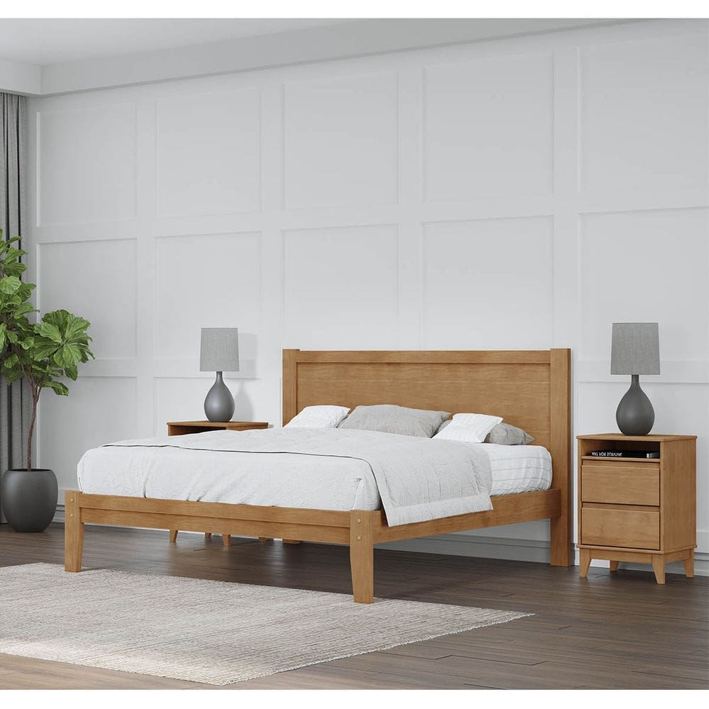 Conjunto Quarto: Cama Casal, 2 Mesas Cabeceiras Prata Freijó Madeira Pinus - Finestra