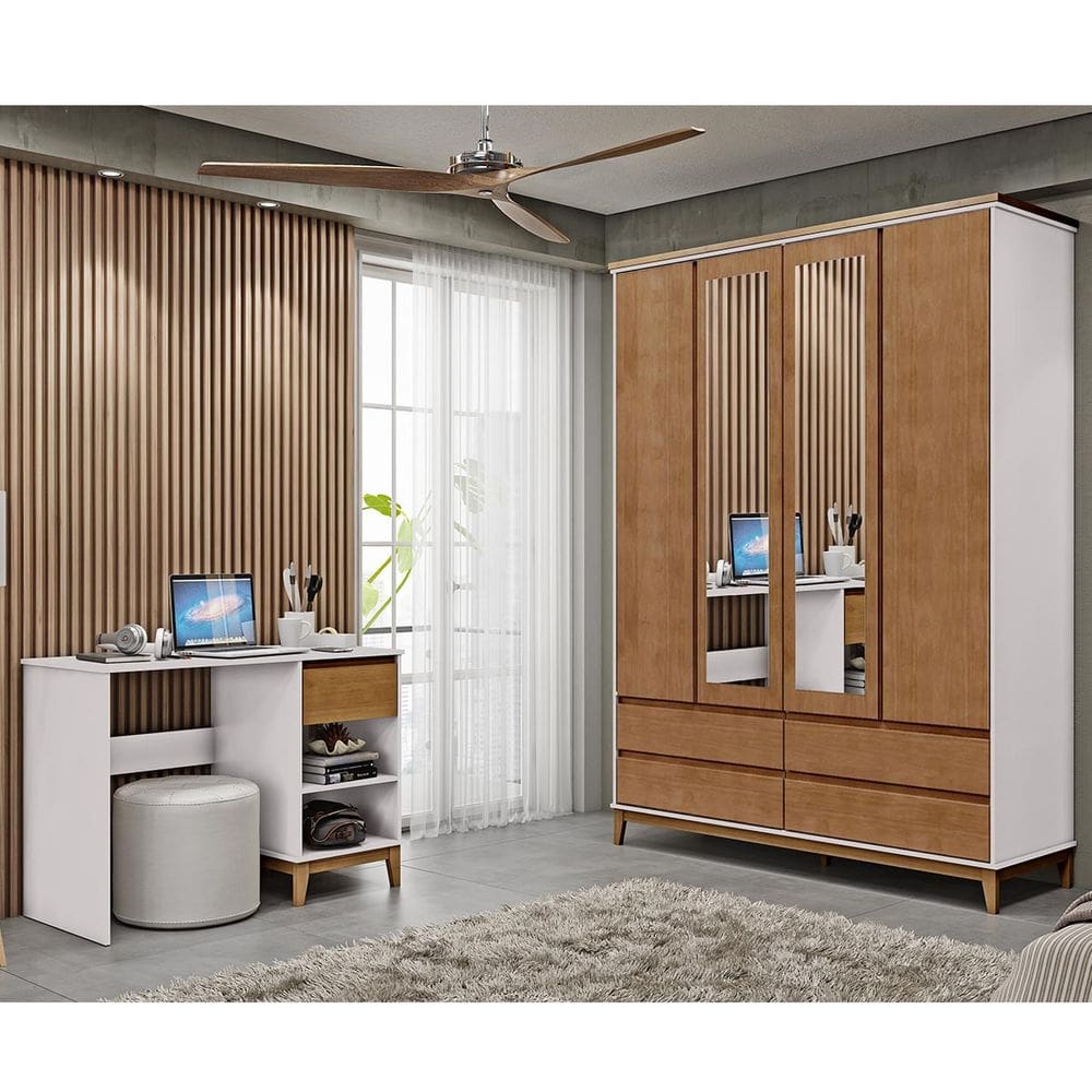 Conjunto Quarto: Guarda-Roupa 4 Portas 4 Gavetas Escrivaninha 1 Gaveta Prata Off White/Freijó Madeira Pinus - Finestra