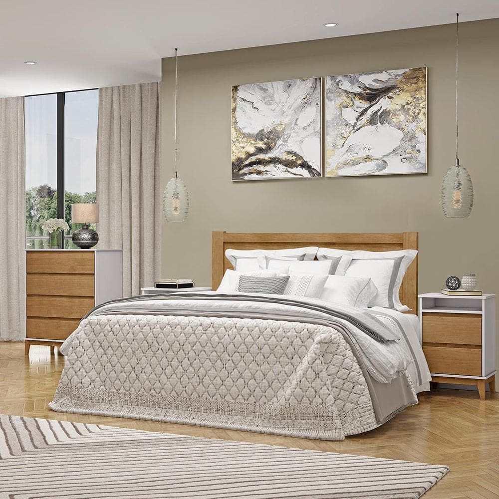 Conjunto Quarto: Cama Casal Cômoda 4 Gavetas 2 Mesas Cabeceiras Prata Off White/Freijó Madeira Pinus - Finestra
