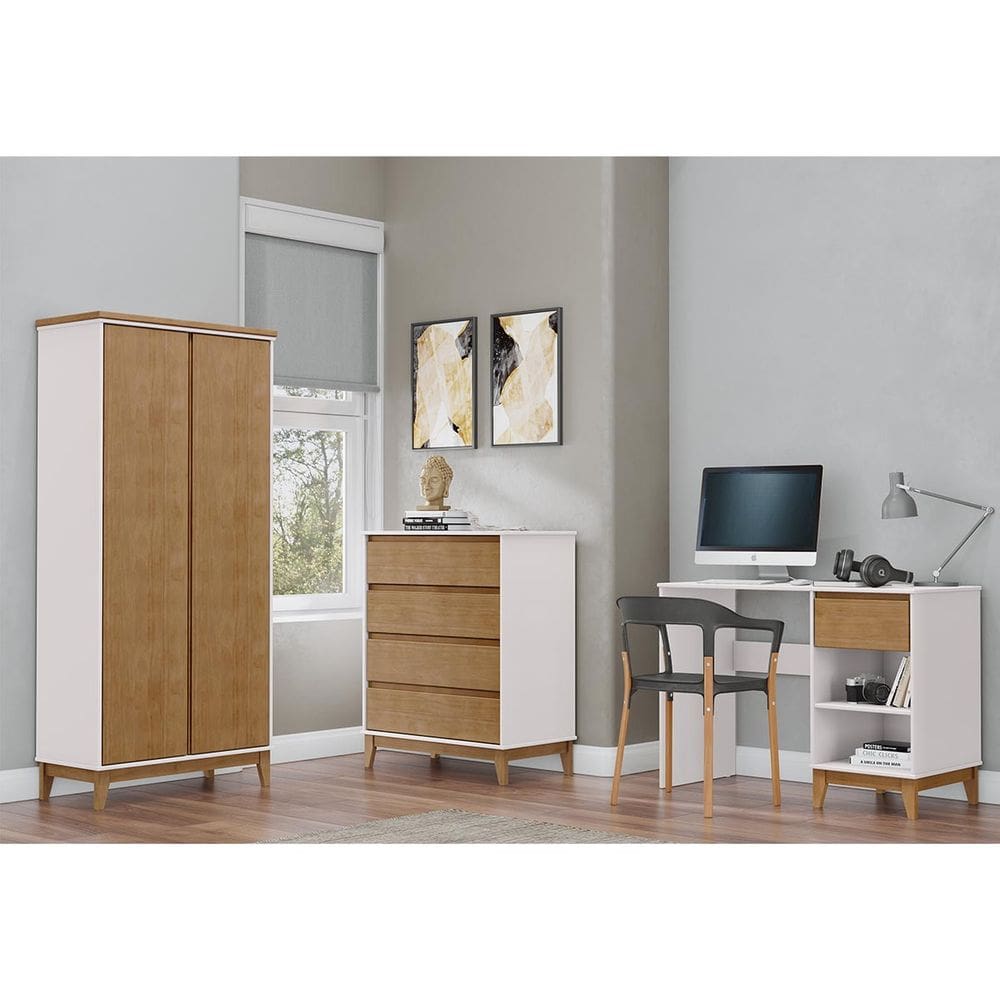 Conjunto Quarto: Guarda-Roupa 2 Portas Cômoda 4 Gavetas, Escrivaninha Prata Off White/Freijó Madeira Pinus - Finestra