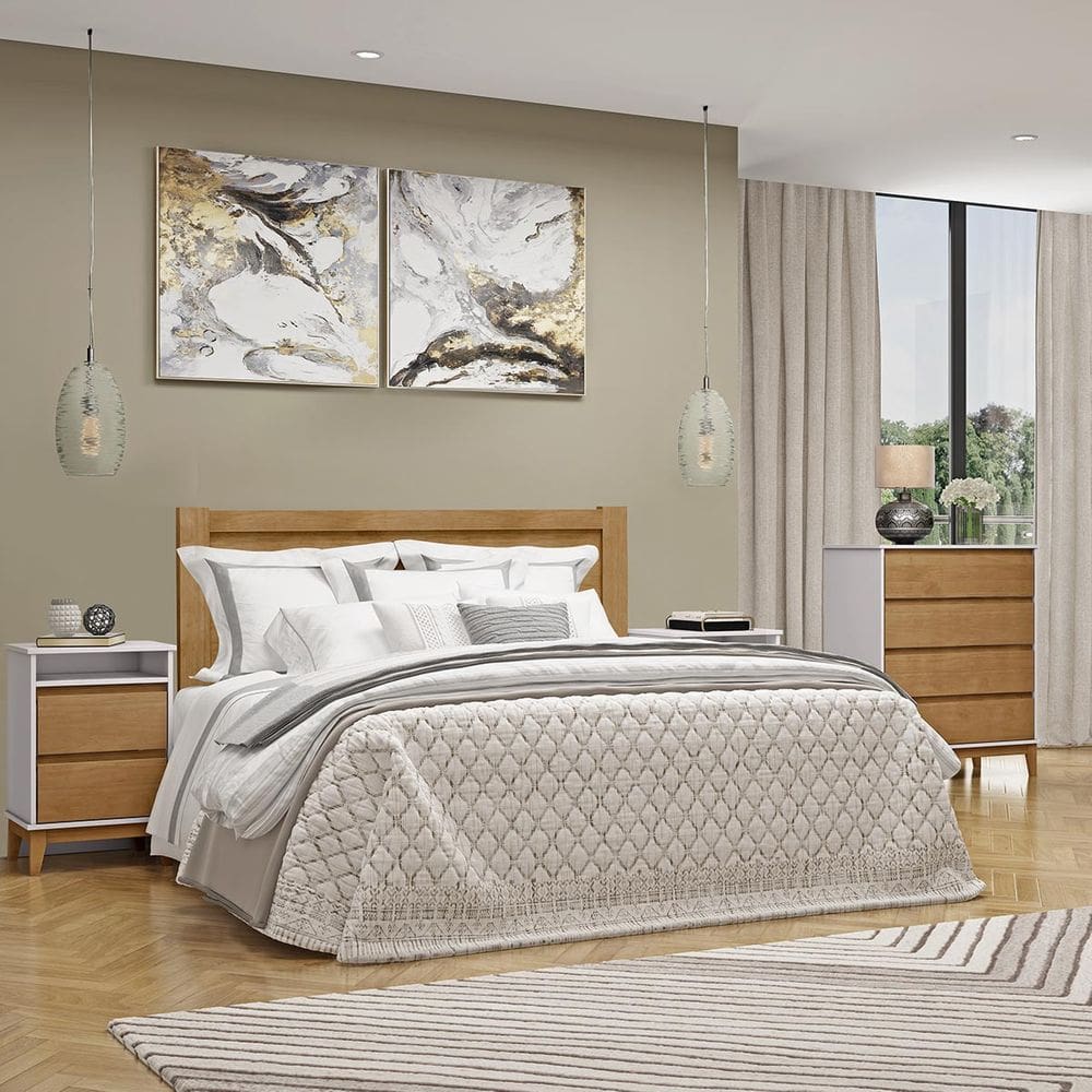 Conjunto Quarto: Cama Casal Queen Cômoda 4 Gavetas 2 Mesas Cabeceiras Prata Off White/Freijó Madeira Pinus - Finestra